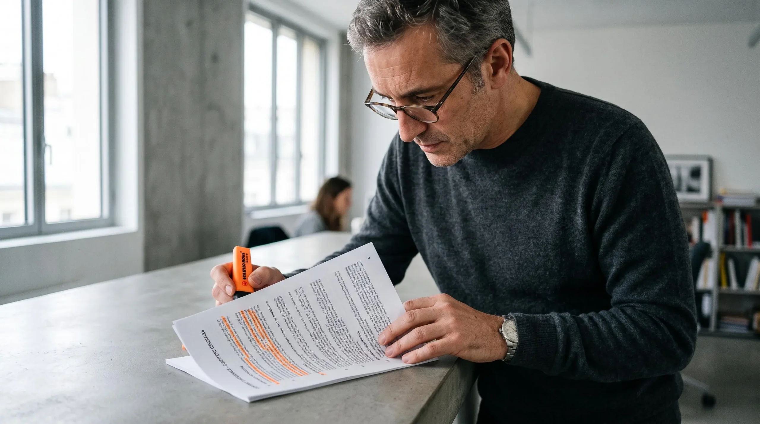 Personne lisant attentivement et surlignant des clauses importantes dans un contrat d'assurance