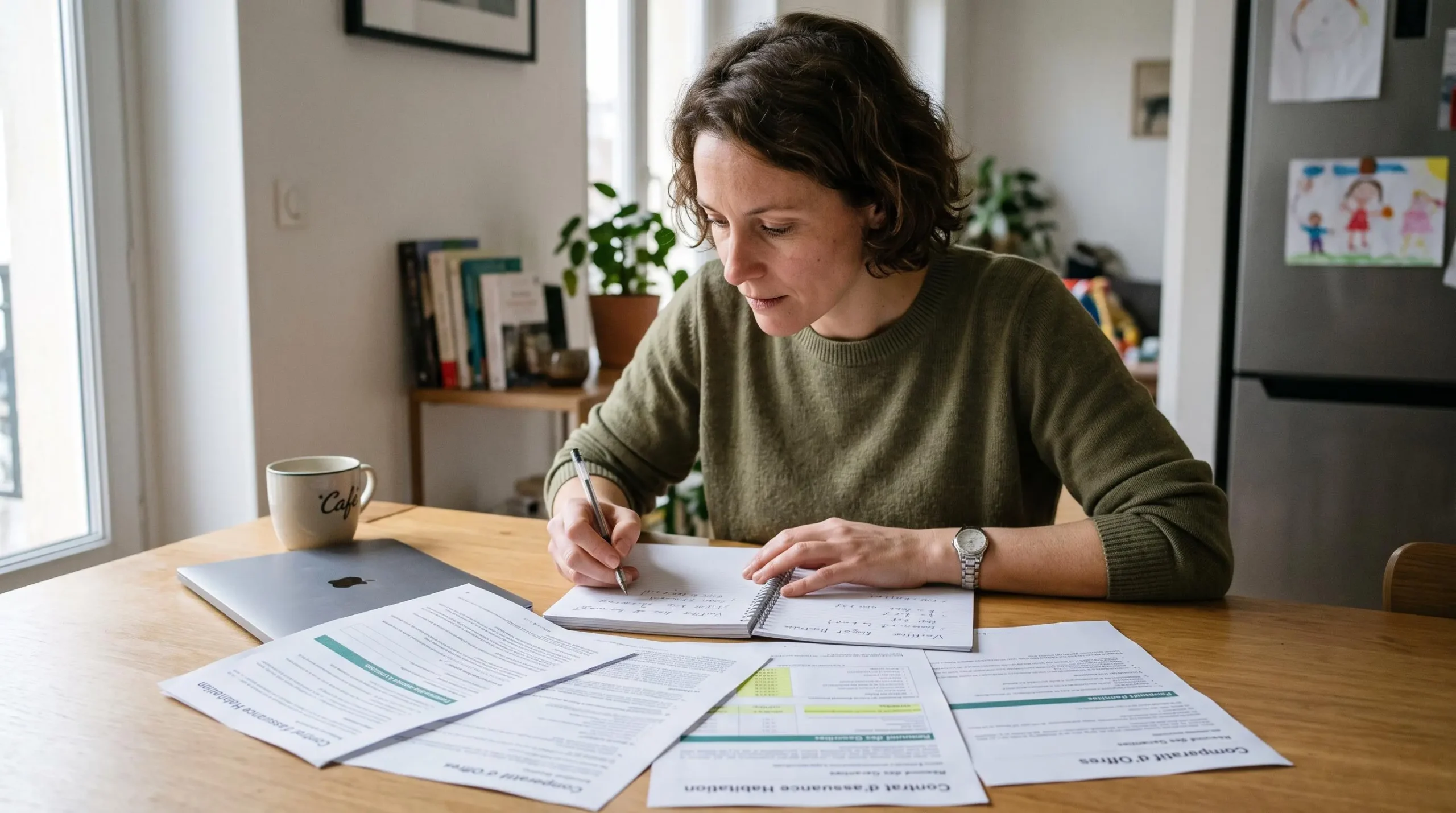 Personne analysant des documents d'assurance et prenant des notes à une table de cuisine pour vérifier l'adéquation des garanties