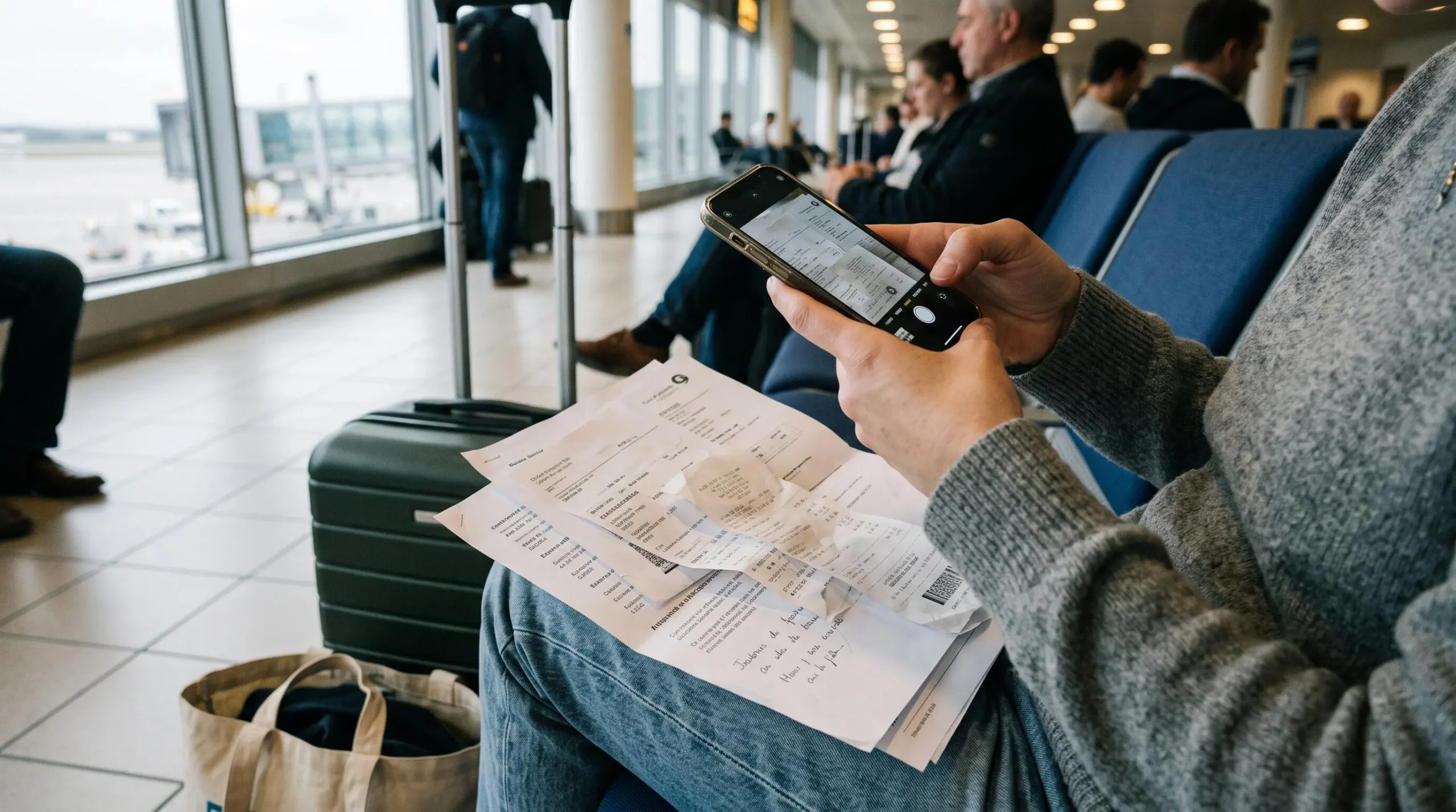 Voyageur utilisant son smartphone pour photographier des documents de voyage et justificatifs dans une zone d'attente d'aéroport