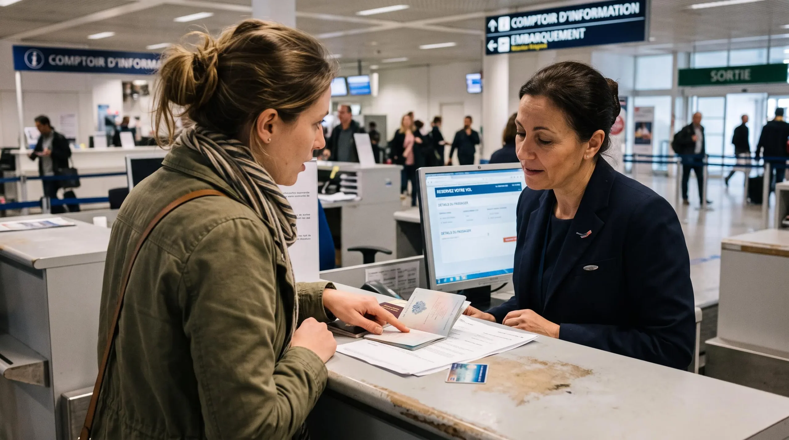 Voyageur discutant avec un agent au comptoir d'une compagnie aérienne dans un aéroport, documents et carte bancaire sur le comptoir