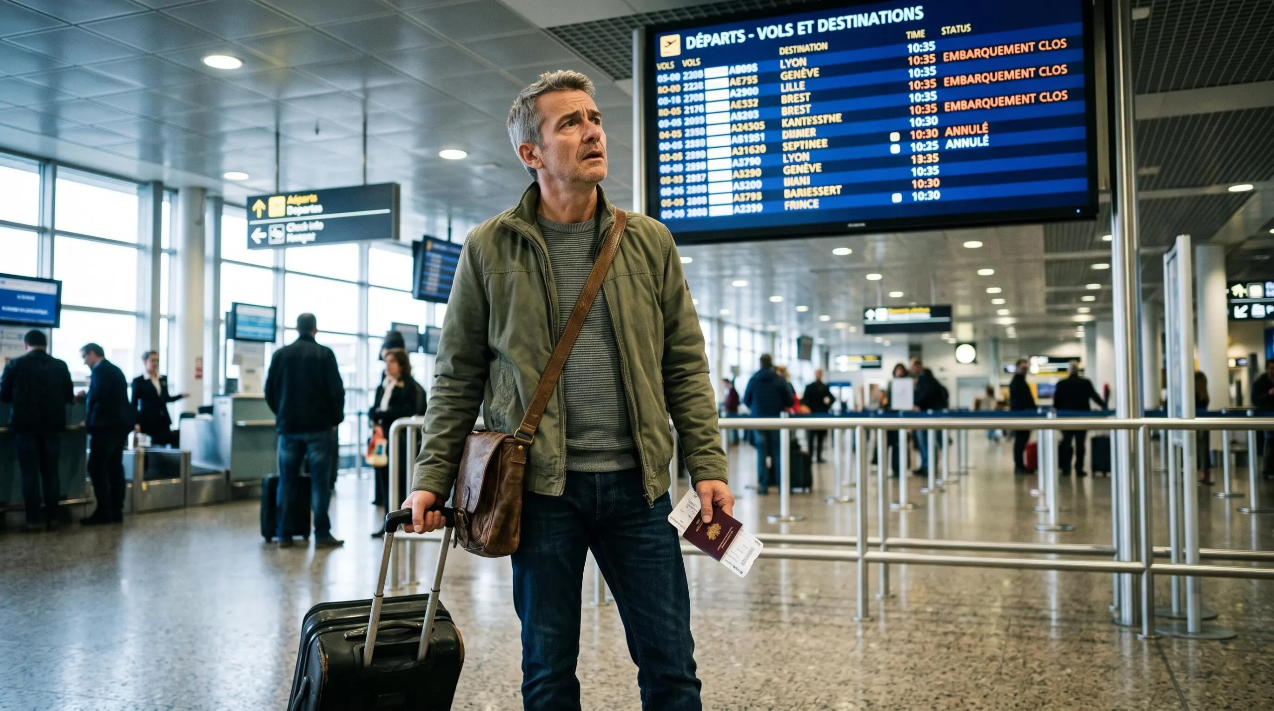 Voyageur debout dans un terminal d'aéroport regardant le panneau d'affichage des départs après avoir manqué son vol